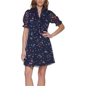 DKNY Navy Blue Floral Tie Neck Shift Dress